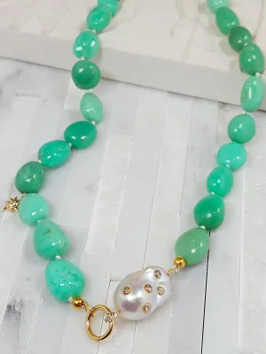 14k & 18k Solid Gold  - Chrysoprase & Freshwater Baroque Pearl Diamond Star Gemstone Necklace 19"