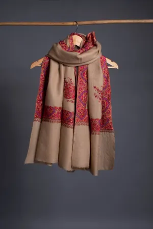 Beige Hand Embroidered Woolen Shawl - KAMRAN