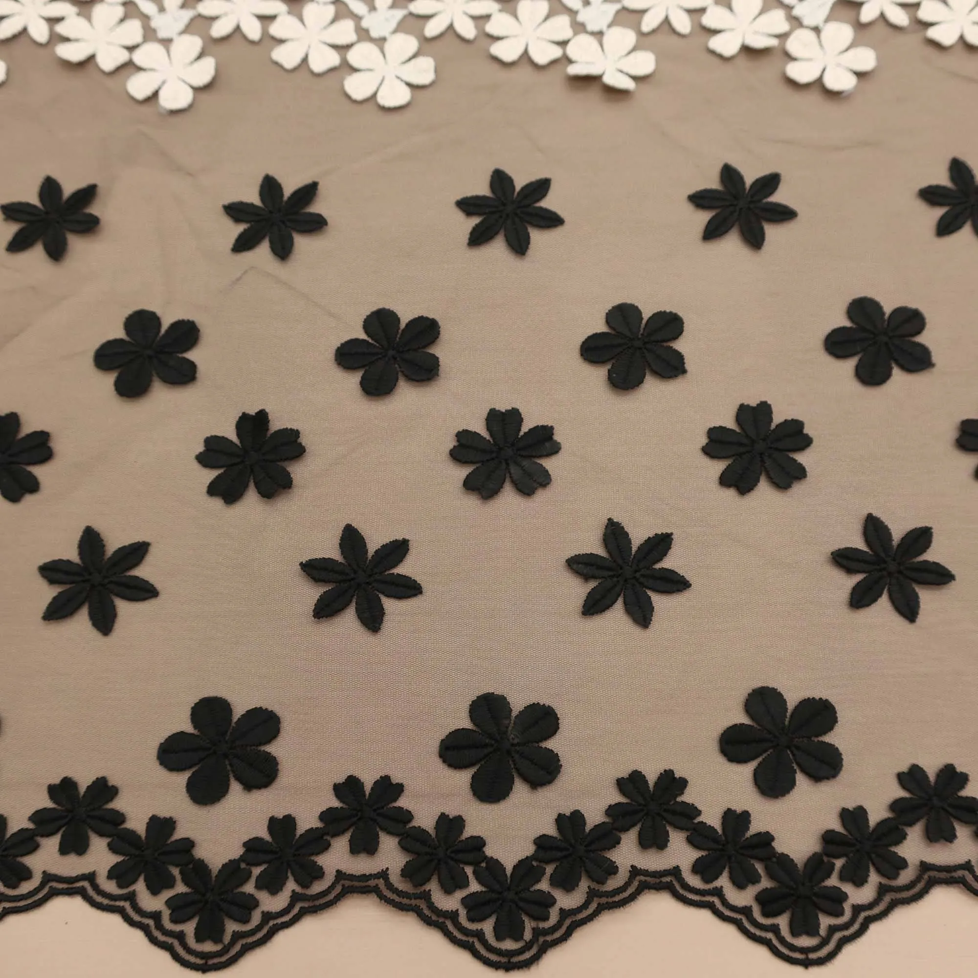 Black and White Floral Embroidered Tulle Fabric