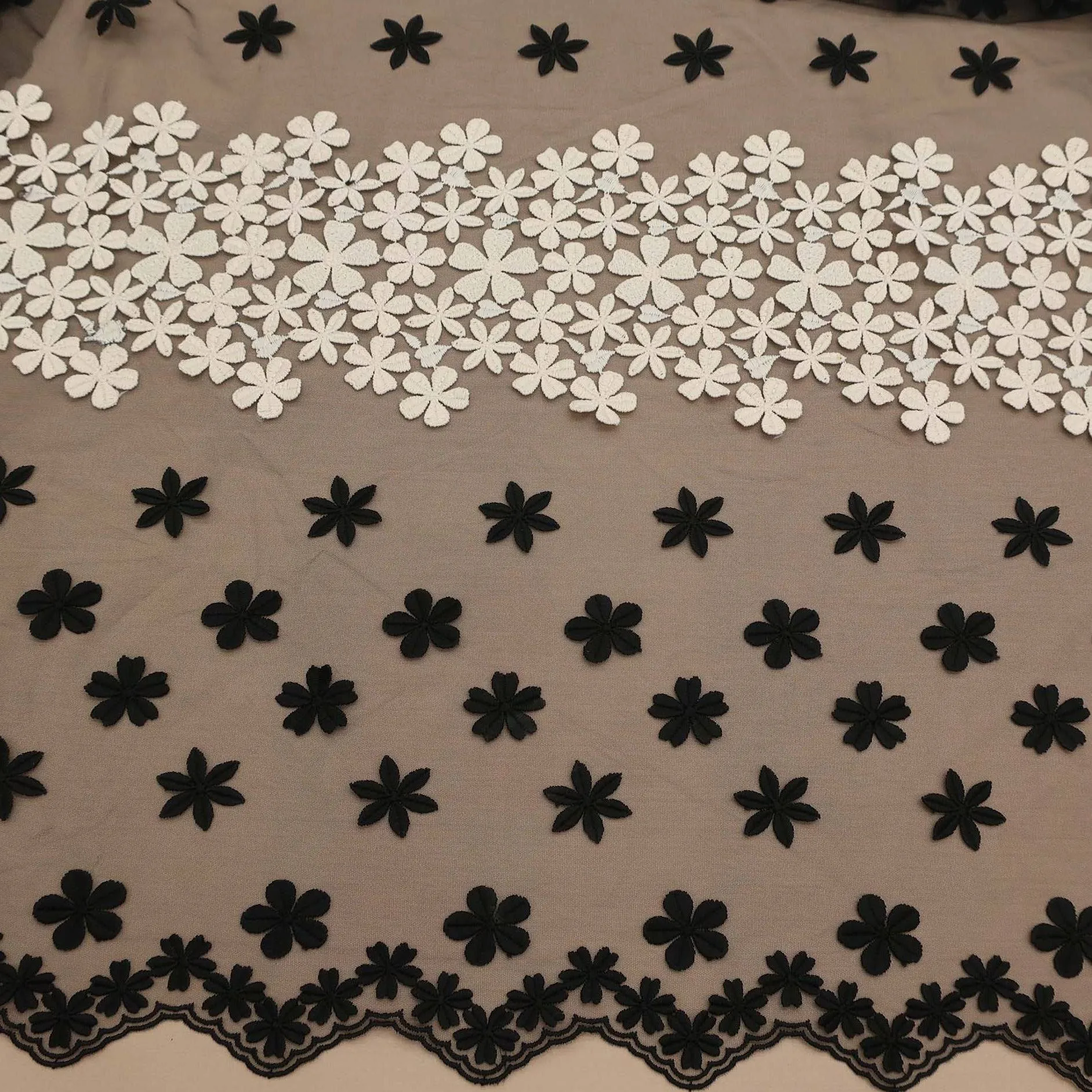 Black and White Floral Embroidered Tulle Fabric