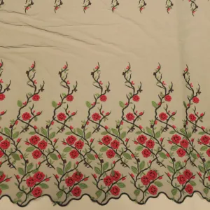 Black, Red and Green Floral Double Scalloped Embroidered Tulle Fabric