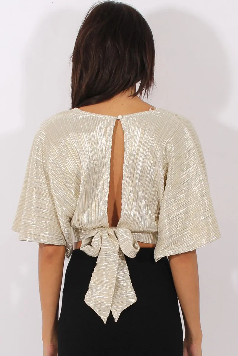 Champagne Metallic Pleated Open Back Crop Top - Mariah