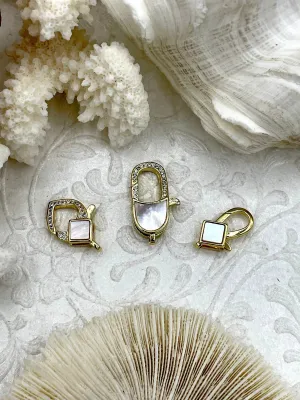 Clear Micro Pave CZ Lobster Claw Clasps Shiny Gold with Clear Cubic Zirconia and Mother of Pearl. 3 styles/sizes, gold clasps, Fast Shipping