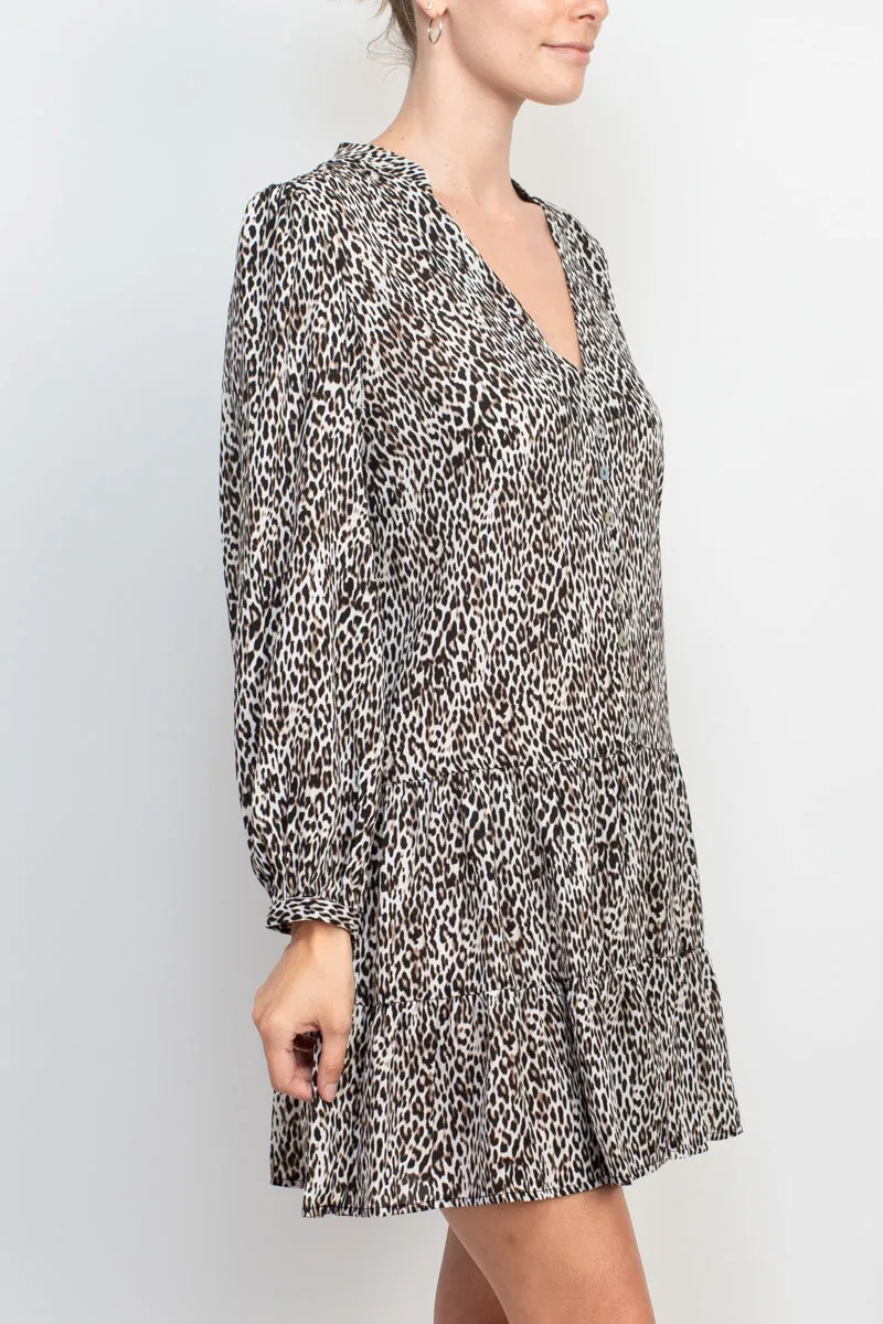 Emma & Michele Stand Collar V-Neck Long Sleeve Button Cuff Animal Print Chiffon Short Shift Dress