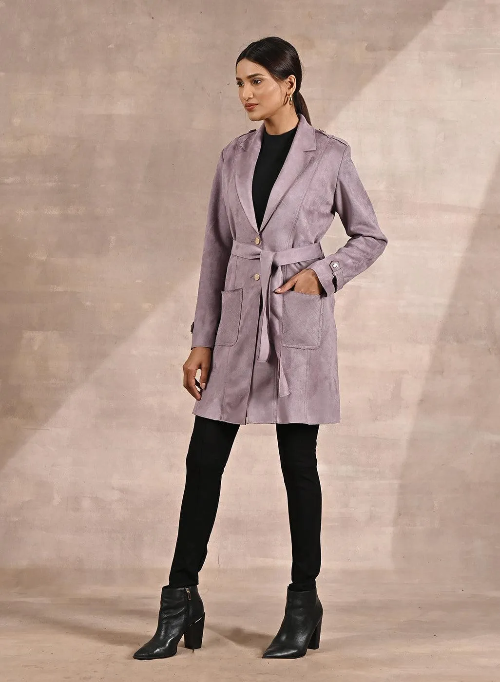 Lavender Suede Coat with Front Pocket & Notched Collar