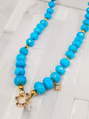 Natural Sleeping Beauty Turquoise Gold Necklace with Blue Sapphire Connector Clasp