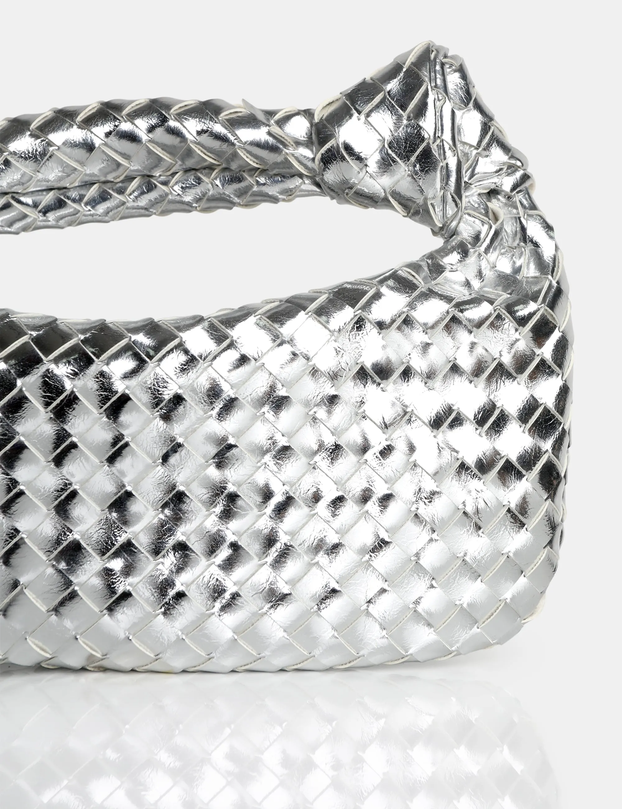 The Blame Metallic Silver Mirror Woven PU Knot Detail Mini Grab Bag