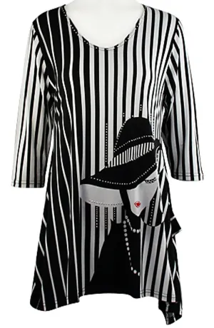 Valentina Signa - Striped Silhouette, 3/4 Sleeve Sharkbite Tunic Rhinestone Accent