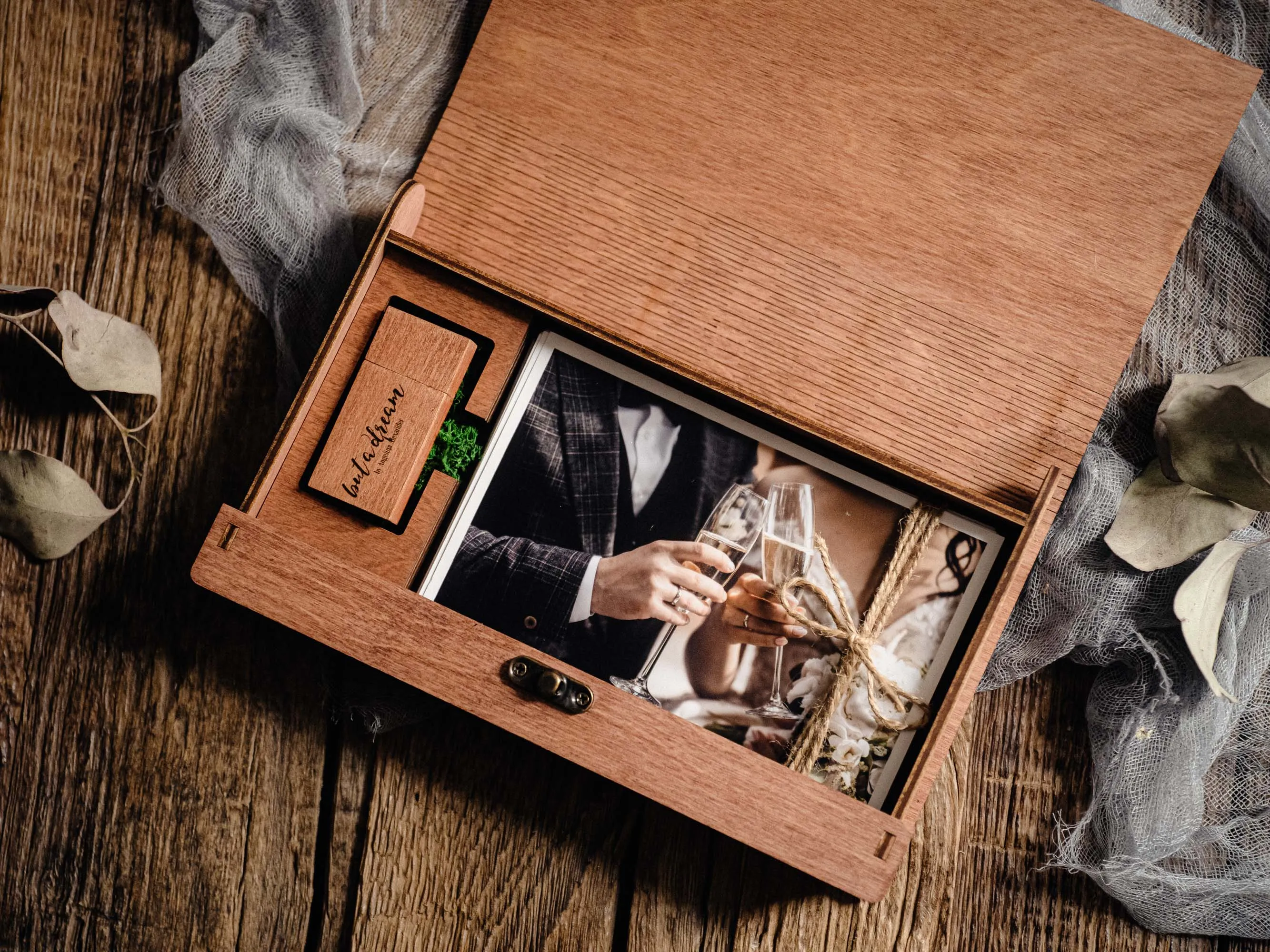 Wooden Photo Box with USB Drive - Personalized Keepsake for Wedding