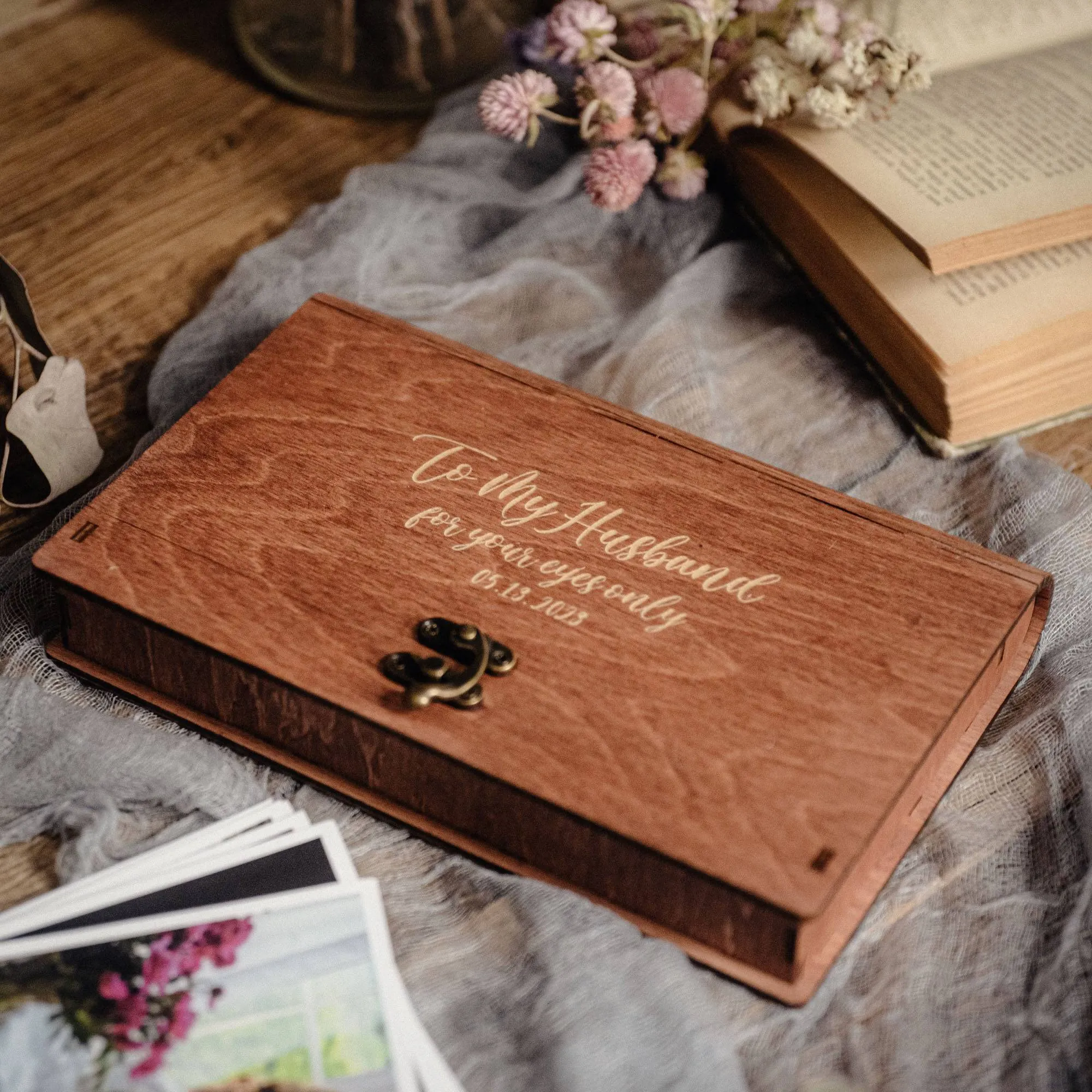 Wooden Photo Box with USB Drive - Personalized Keepsake for Wedding